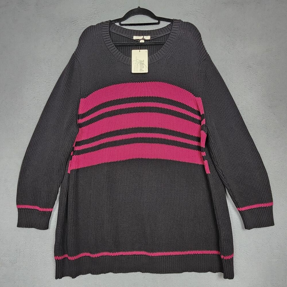 Pure By Ulla Popken Sweater Tunic Womens 24/26 Black Pink Striped Organic Cotton